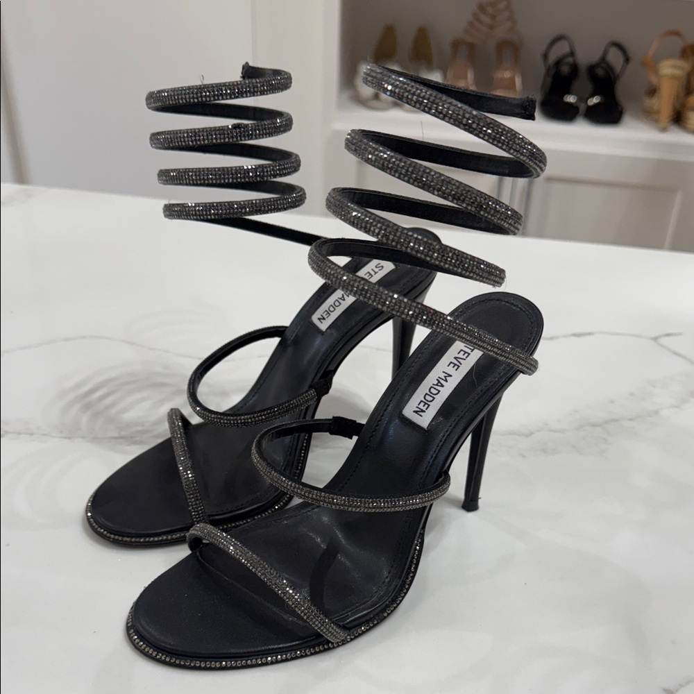 Steve Madden Black Spiral Rhinestone Wrap High Heel Sandals